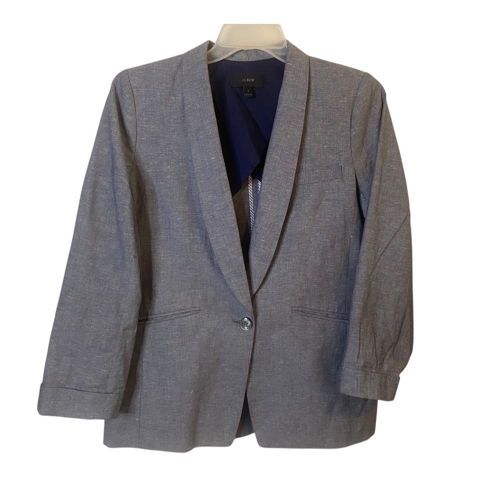 J Crew Women's Gray Linen Cotton Blend Blazer Size 12 Cuffed Sleeve Shawl Collar